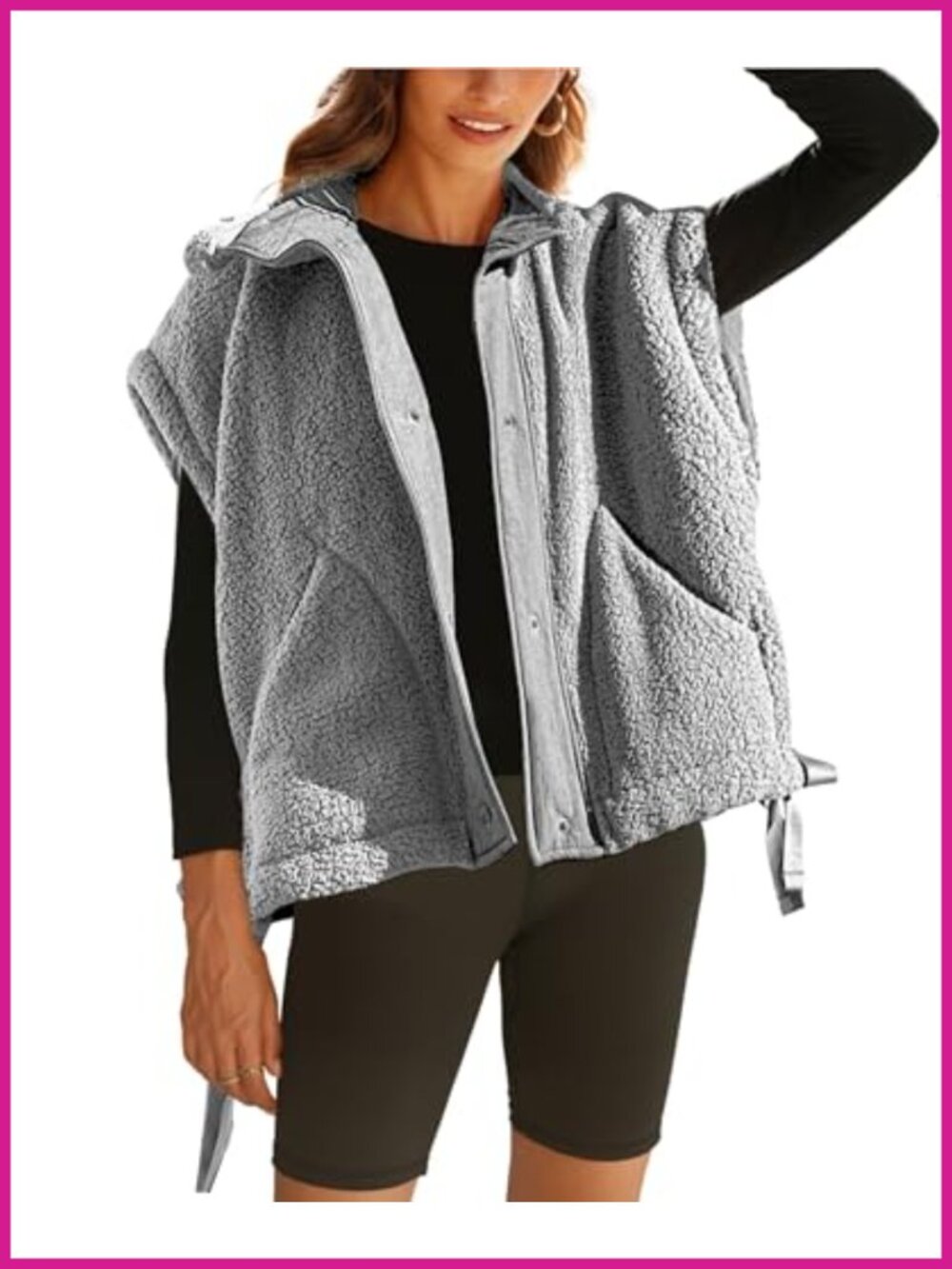 Women's Fuzzy Fleece Vest Sleeveless Sherpa Jacket Button Closure Drawstring Hem